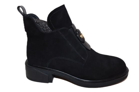 Good price Black Suede Ankle Boots for Women – Chunky Heel with Gold Buckle Detail online