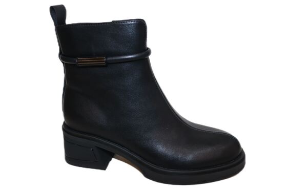 Good price Women's Black Genuine Leather Ankle Boots with Metal Strap & Chunky Heel online