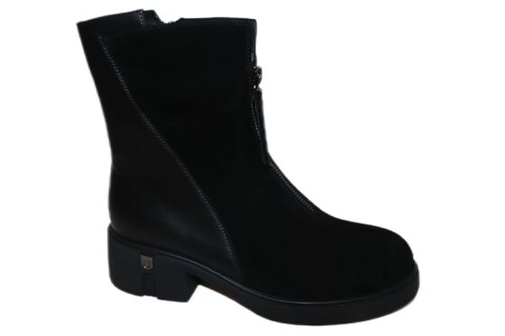 Good price  Women's Black Leather & Suede Ankle Boots with Front Zipper & Block Heel online