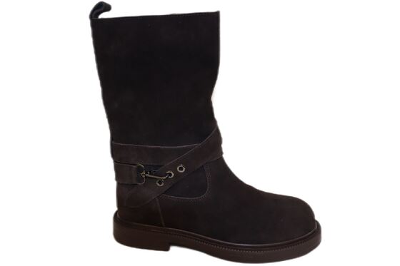 Good price Women's Dark Brown Suede Biker Boots with Buckle Strap online