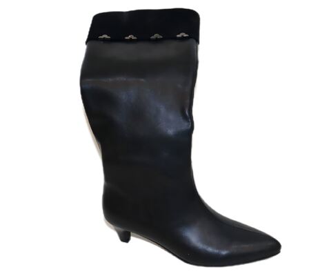 Good price Women's Black Knee-High Leather Boots with Folded Cuff and Metal Studs online