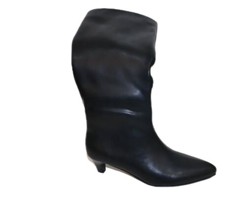 Good price Women's Black Slouchy Knee-High Leather Boots with Low Kitten Heel online