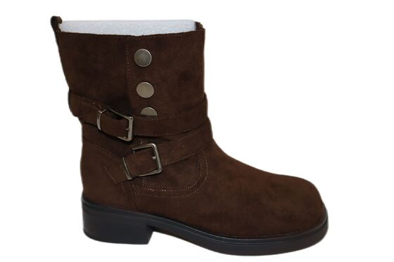 Good price Women's Brown Suede Mid-Calf Boots with Buckle Strap Detail online