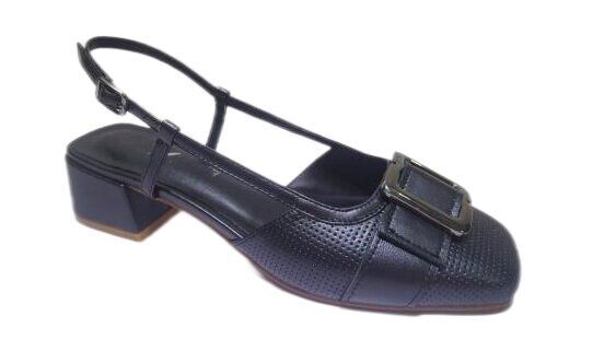 Good price Women Square Toe Perforated Slingback Pumps Metal Square Buckle Block Heel Sandals Office Ladies Comfort Leather Back Strap Dress Shoes online