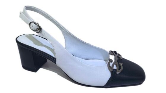 Good price Women Two Tone Slingback Block Heel Pumps With Metal Chain Decoration online