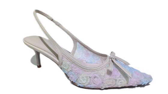 Good price Pastel Floral Lace Slingback Pumps Women Pointed Toe Thin Heel Mini Bow Backless Dress Heels For Wedding Party online