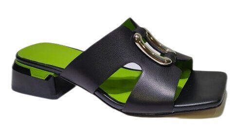 Good price Women's Leather Slide Mule Sandals, Gold Horsebit Buckle Two Strap Block Heel Slip On Summer Sandals online